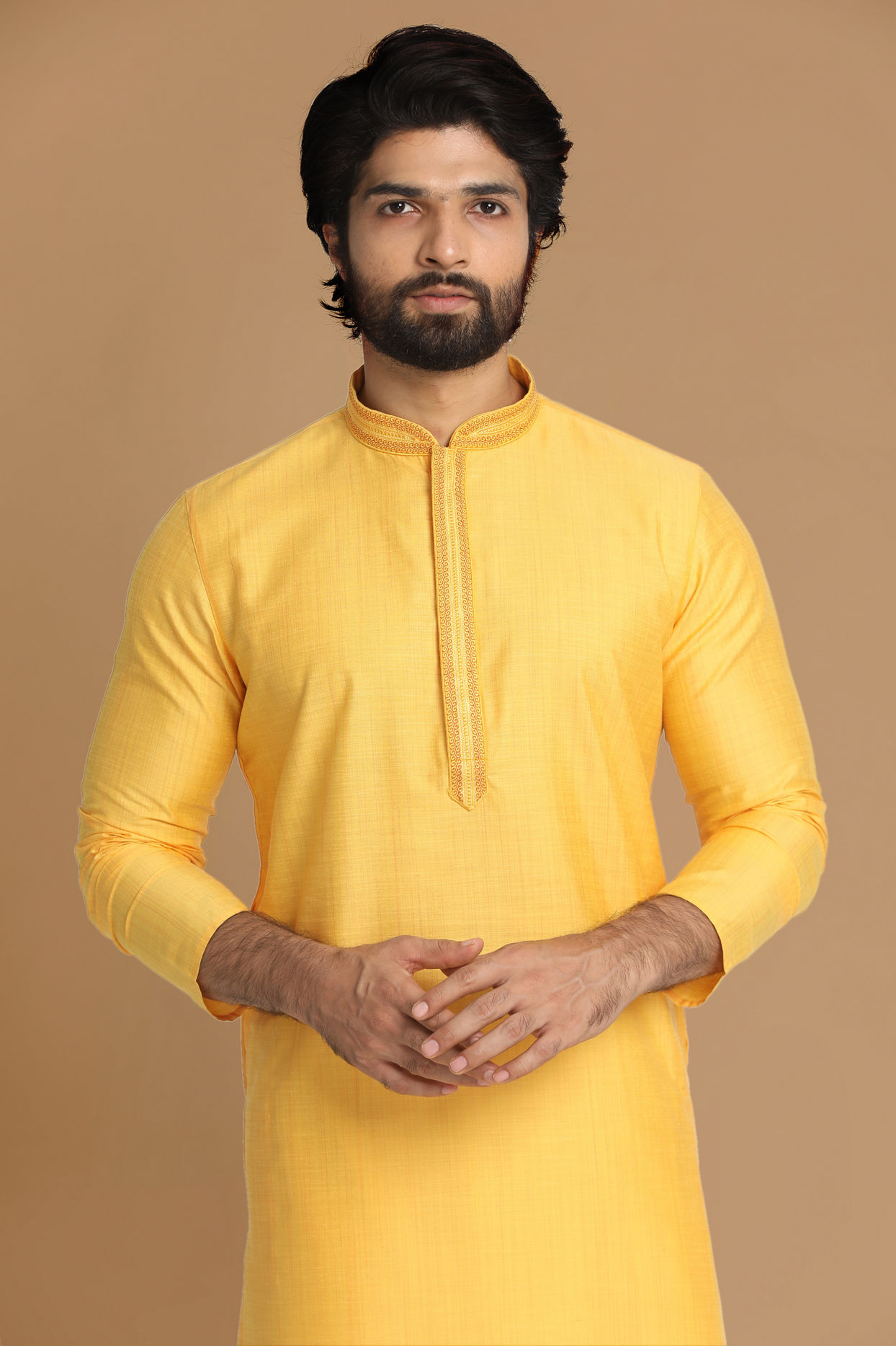 alt message - Manyavar Men Daffodil Yellow Solid Kurta Pajama image number 0